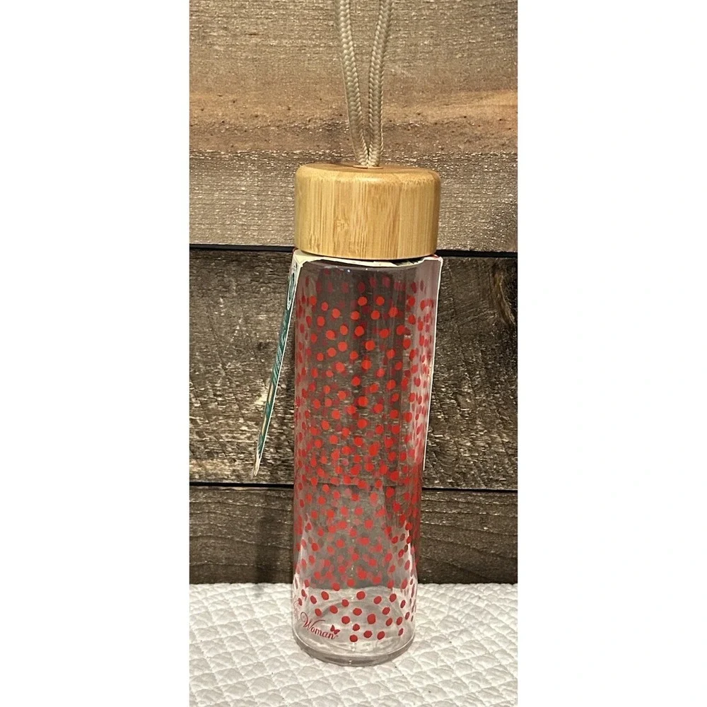 Pioneer Woman Glass Water Bottle with Red Polka Dots 20oz Bamboo Lid Rope Handle